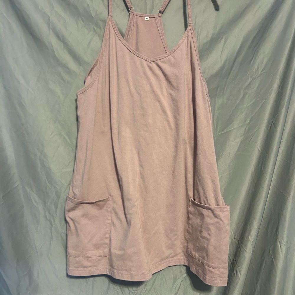 Sz M Adjustable Spaghetti Strap Mauve Active Mini Dress with Shorts and Pockets